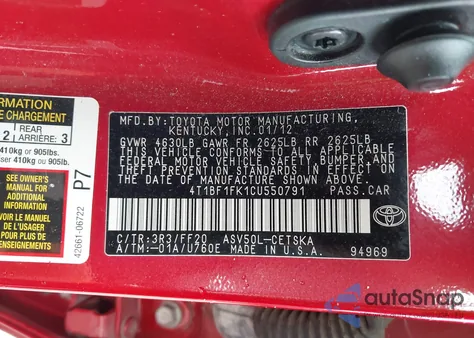 2012 Toyota Camry Se из США, поврежденный, VIN 4T1BF1FK1CU550791